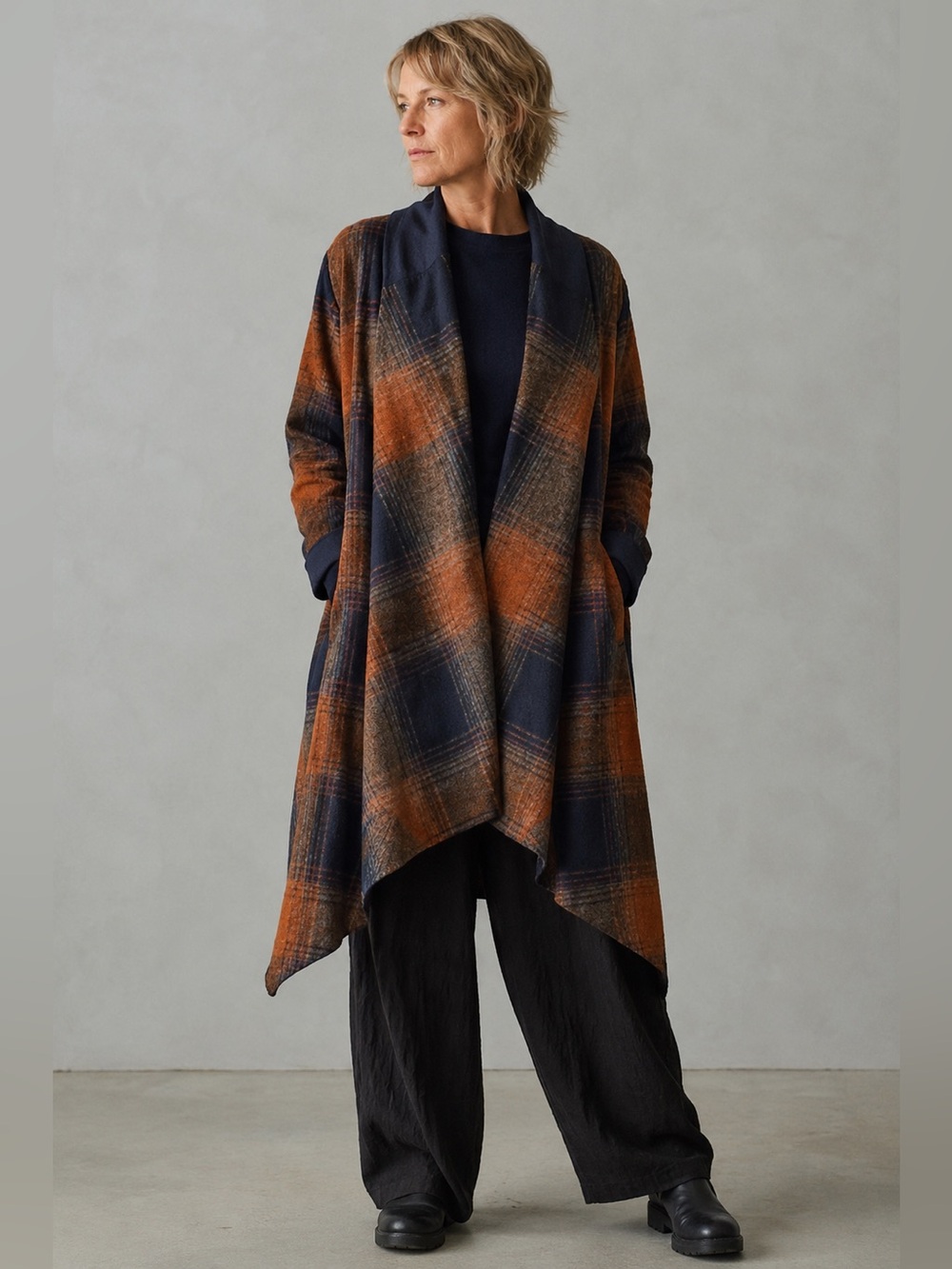 Elemente Clemente Womens Duster Jacket Sz 2 M Blue Brown Wool Plaid Lagenlook